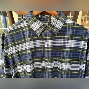 LL Bean Men’s 100% Cotton Oxford Shirt Blue Green White Plaid Tartan Button LT